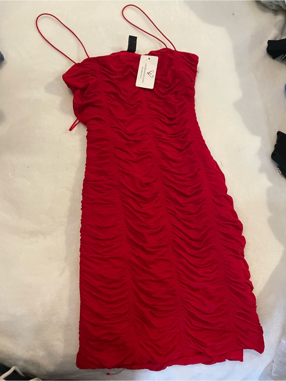 Elegant Red Ruched Midi Dress with Spaghetti Straps